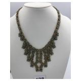 GOLD TONE VINTAGE BIB NECKLACE LINKED FRINGE BLUE