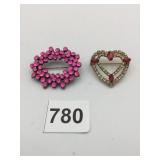 PINS PINK RHINESTONES HEART RED AND CLEAR