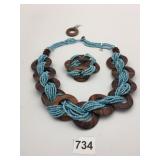 NECKLACE EARRING BRACELET SET WOOD RINGS BLUE