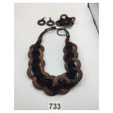 NECKLACE EARRING BRACELET SET WOOD RINGS BLACK