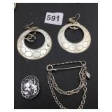 EARRINGS LARGE SILVER TONE HOOPS PIN WITH CHAIN