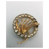 PIN GOLD TONE CIRCLE RHINESTONES STALKS WITH BUDS
