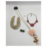NECKLACE NEW CARDED ETC.! FABRIC FLOWER RED