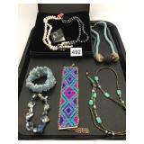 NECKLACE BEADED BLUE GRAY BRACELETS SHALL POLISH