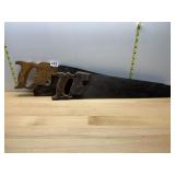 VINTAGE HAND SAWS, WOODEN HANDLES, METAL BLADES.