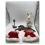 WHITE RABBIT FIGURINE, WOODEN ROCKING HORSE