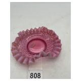 VTG PINK OPALESCENT HOBNAIL RUFFLED DISH.