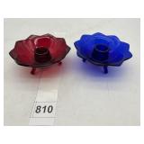 RED AND BLUE COLORED GLASS TAPER CANDLE HOLDERS,