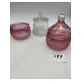 CRANBERRY ETCHED GLASS LIDDED JAR, CLEAR ETCHED
