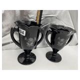 VTG BLACK GLASS ETCHED FLORAL DECORATIVE URN W/