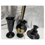 BLACK GLASS VASE W/ DOG DECAL, ETCHED FLUTED