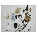 ASSORTED ROSARIES, RELIGIOUS FIGURINES,