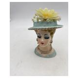 BRINN'S CERAMIC LADY HEAD VASE, BLUE HAT, FAUX
