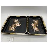 BLACK LACQUERED SERVING TRAYS W/ FLORAL
