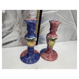 POTTERY HAND-PAINTED CANDLESTICKS, FRUIT MOTIF,