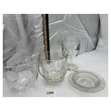 PRESSED GLASS STEMMED GOBLET, ICE BUCKET W/ METAL