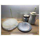 CLEAR GLASS VASES, WHITE PLASTIC THERMAL PITCHER,