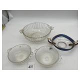 PRESSED GLASS SERVING BOWLS & TRAY, FOOTED
