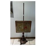 WOODEN FIRE SCREEN, NEEDLEPOINT FLORAL PANEL,