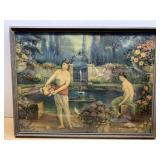 VTG FRAMED PRINT, ART DECO STYLE GARDEN SCENE,