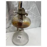 CLEAR GLASS OIL LAMP W/ FLUTED BASE, METAL BURNER