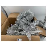 SILVER TINSEL GARLAND, CLEAR PLASTIC ANGEL