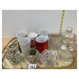 ASSORTED CERAMIC MUGS, FLORAL TEACUP, CUT GLASS