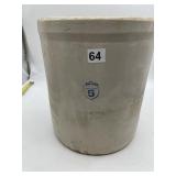 STONEWARE STORAGE CROCK W/ BLUE 5 CAPACITY MARK.