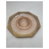 OCTAGONAL PINK DEPRESSION GLASS PLATE, GILT