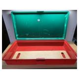 RED PLASTIC LIDDED STORAGE BOX, GREEN LID,