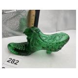 EMERALD GREEN PRESSED GLASS DAISY & BUTTON BOOT.