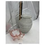 PINK GLASS SUGAR BOWL, FROSTED GLASS VASE W/