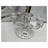 CLEAR GLASS THREE-ARM CANDELABRA, ORNATE MOLDED