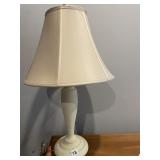CREAM PAINTED SPINDLE BASE TABLE LAMP, BELL