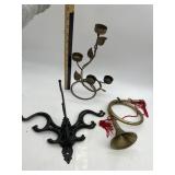 CAST IRON WALL COAT RACK, BRASS HUNTING HORN W/