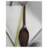 WOODEN DECORATIVE SPOON, CARVED HANDLE, DARK WOOD
