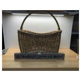 WICKER BASKET W/ TWISTED HANDLE, COLORFUL TRIM.