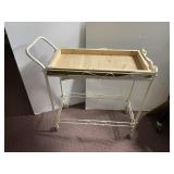 WHITE METAL SCROLLWORK TEA CART, WOODEN TRAY,