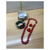 RED CUBE BEAD NECKLACE, RED TRIANGULAR DROP