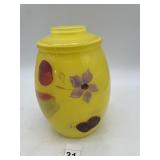 YELLOW GLASS CANISTER, HAND-PAINTED FLORAL