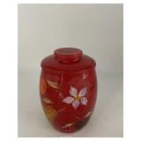 RED MILK GLASS JAR W/ LID, HAND-PAINTED FLORAL