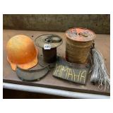 ORANGE HARD HAT, METAL VISOR, WIRE SPOOLS, YAMAHA