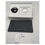 BLACK BLUETOOTH KEYBOARD, WIRELESS EARBUDS W/