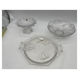 PRESSED GLASS COMPOTE DISH, DIAMOND GRID PATTERN,