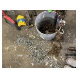 UTILITY METAL CHAINS, BUCKET, W/ ASSORTED HOOKS.