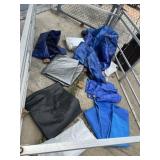 ASSORTED TARPS, LANDSCAPE FABRIC, SAND BAGS.