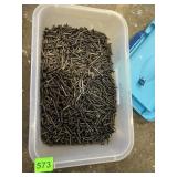 PLASTIC BIN W/ BLACK DRYWALL SCREWS.