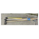 ASSORTED BROOMS, MOP HEADS, RAKES, LONG HANDLED