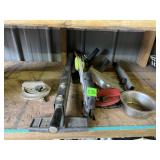 ASSORTED WOOD WORKING TOOLS, MITER GAUGE, PIPE