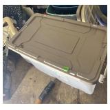 PLASTIC STORAGE TOTE W/ TAN LATCHING LID.